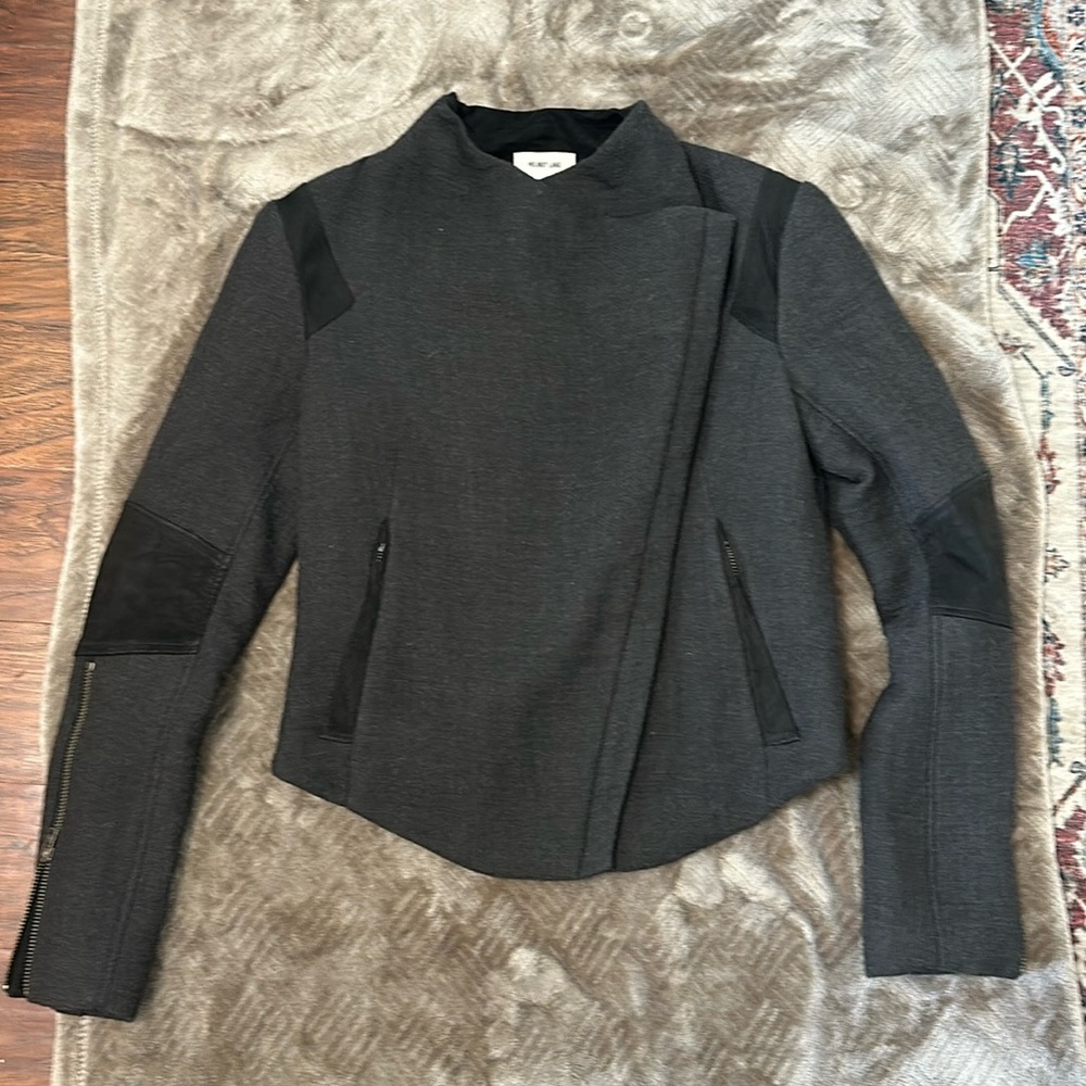 Helmet Lang charcoal tweed and black (suede) moto jacket in Medium.